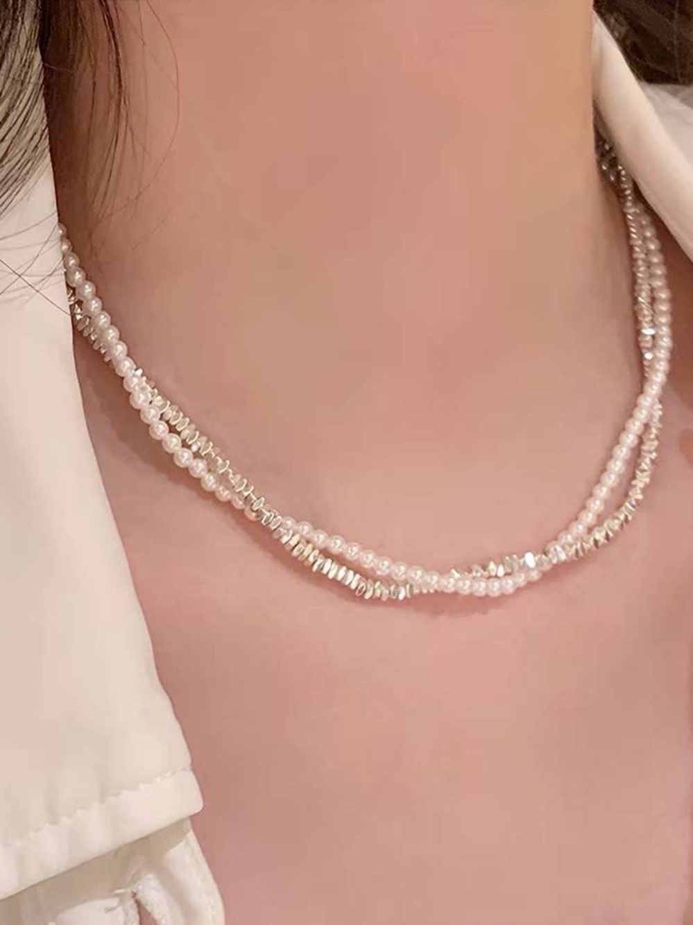 White Pearl & Silver Layered Necklace